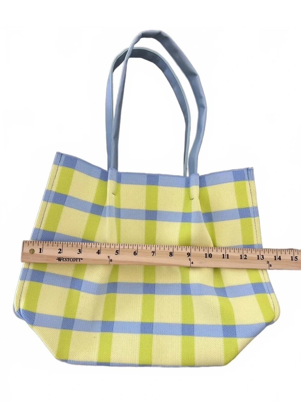 Neiman Marcus Light Blue & Lime Plaid Tote Bag